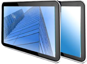 computer screen with office buildilng